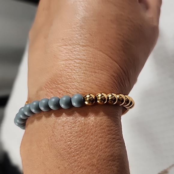 Rustic Cuff Beautiful Ligh Blue and Gold Beaded Bracelet - Picture 5 of 7